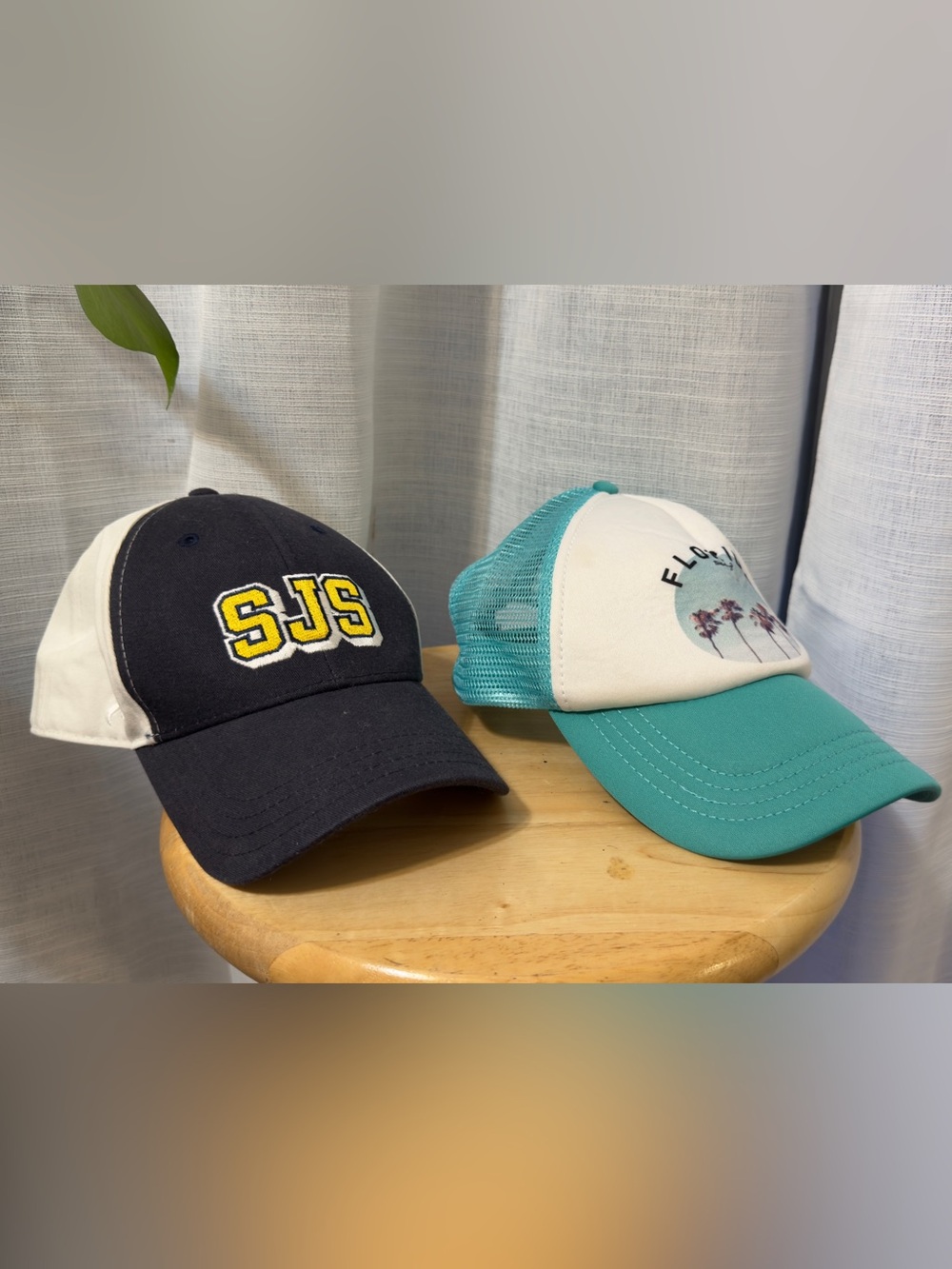 Teal and White Mesh Trucker Hat with Palm Graphic
